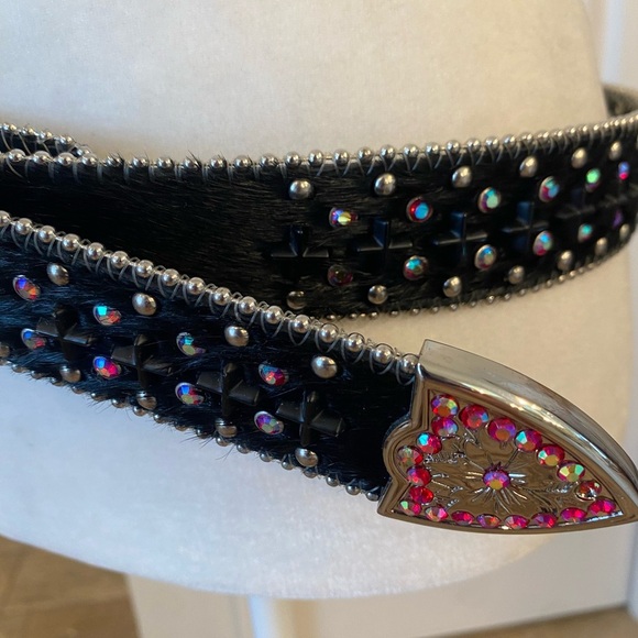 Calf Hair Studded Rhinestone Belt Chunky Buckle - Picture 3 of 5